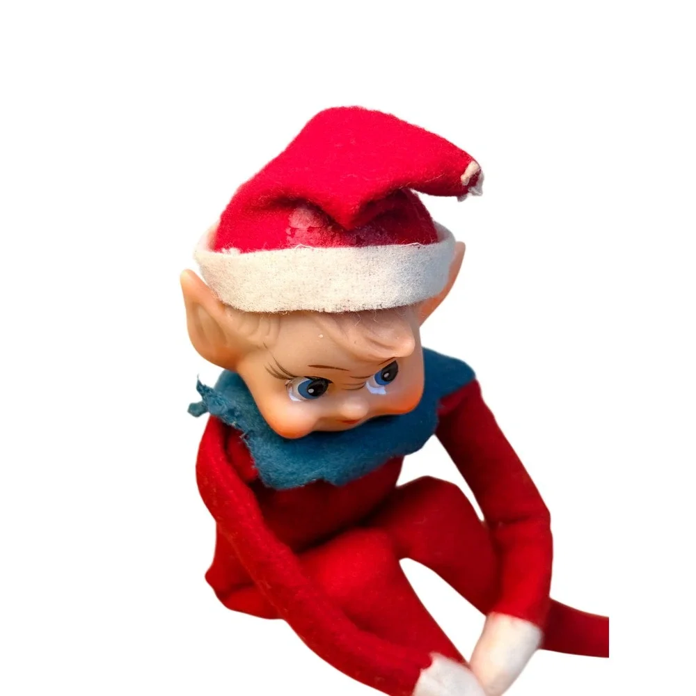 Vintage Christmas Elf Knee Hugger 1960s Red Felt Rubber Face Kitsch Decor